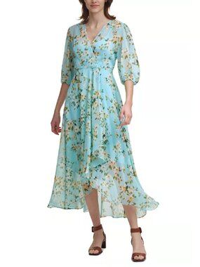 Calvin Klein Pale Blue Floral Wrap Midi Dress